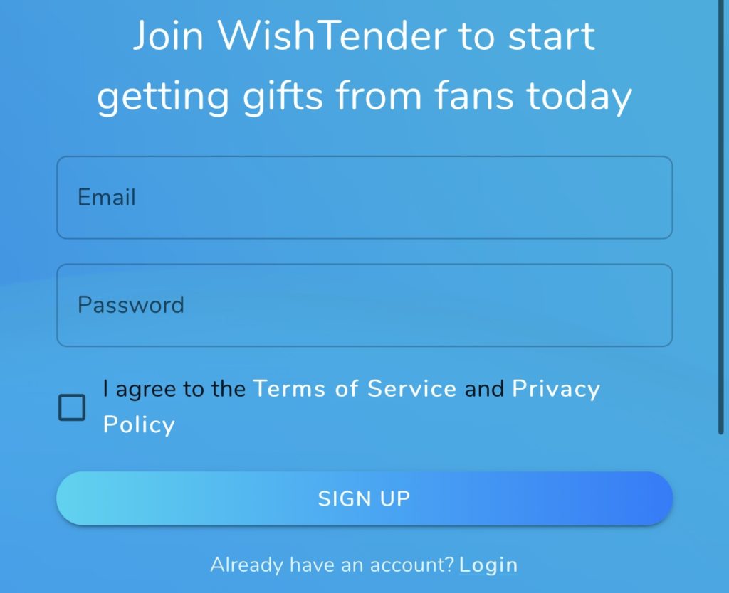 wishtender sign up page